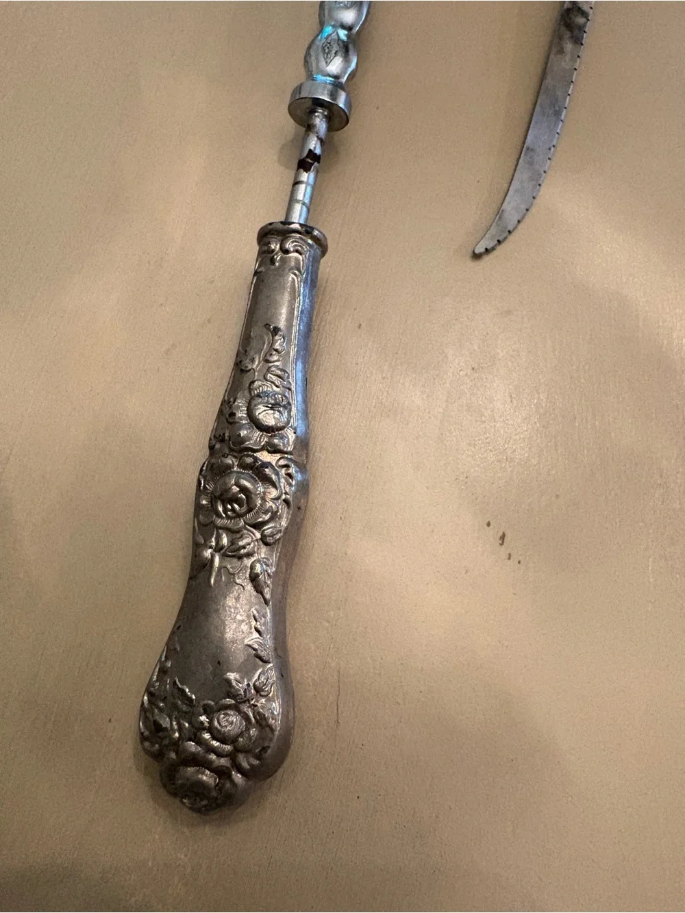 Ornate Silver-Tone Carving Knife and Server Set - Floral Handle